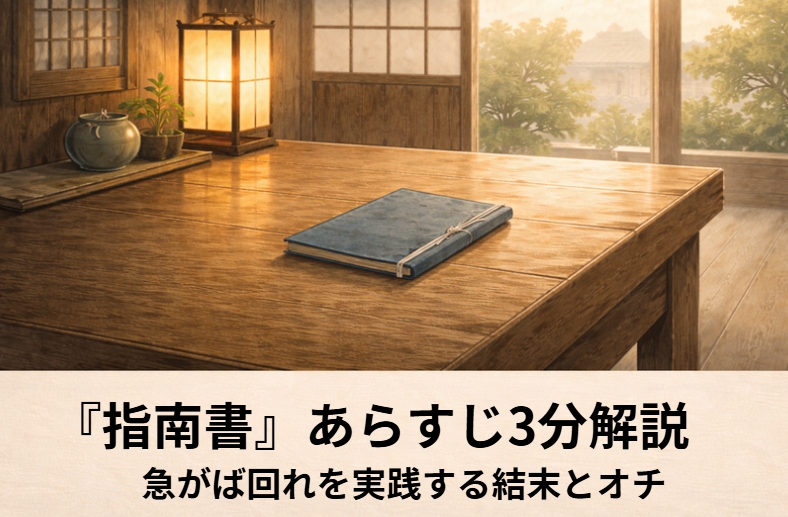 落語『指南書』のアイキャッチ画像 alt：街道で懐から小さな指南書を取り出し道連れの男を見比べる若旦那を描いた『指南書』の情景