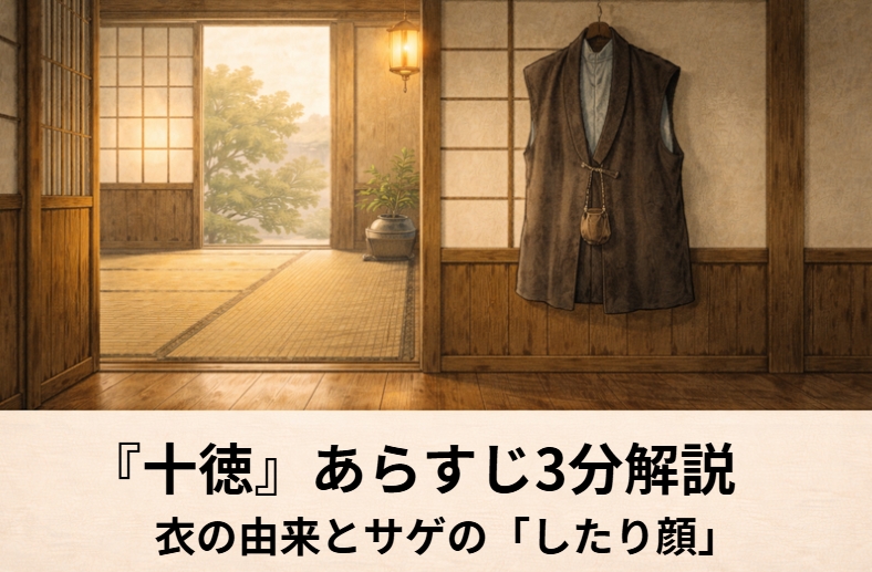 落語『十徳』のアイキャッチ画像 alt：隠居の座敷で変わった衣服を指さしながら由来を聞く八五郎を描いた『十徳』の情景