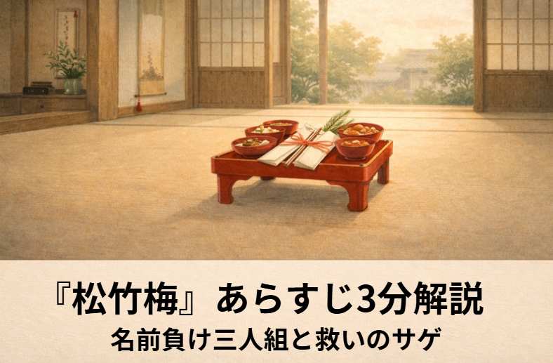 落語『松竹梅』のアイキャッチ画像 alt：隠居の座敷で祝いの口上を教わり緊張した顔を並べる松さん竹さん梅さんを描いた『松竹梅』の情景