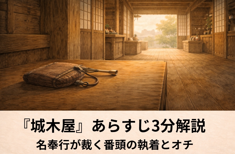 落語『城木屋』のアイキャッチ画像 alt：大店の奥で恋文を懐に隠しながら娘お駒のいる方をうかがう番頭丈八を描いた『城木屋』の情景