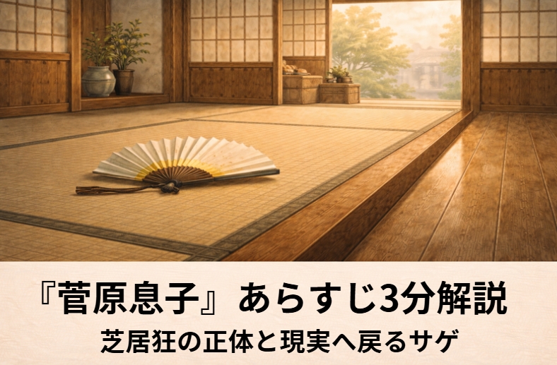 落語『菅原息子』のアイキャッチ画像 alt：芝居見物の帰りに商家の玄関で大げさな口上を始める若旦那を描いた『菅原息子』の情景