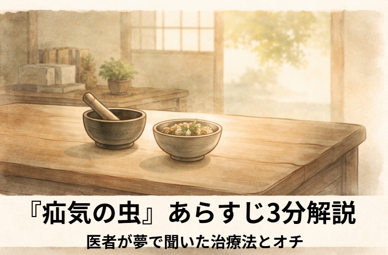 落語『疝気の虫』のアイキャッチ画像 alt：診療部屋で不思議な小さな虫を見つめる医者を描いた『疝気の虫』の情景