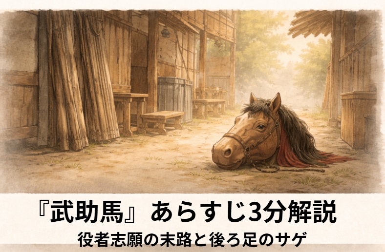 落語『武助馬』のアイキャッチ画像 alt：芝居小屋の裏で馬の着ぐるみを前に未練をにじませる武助を描いた『武助馬』の情景
