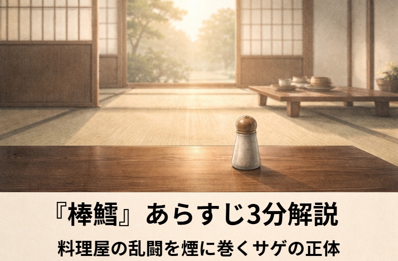 落語『棒鱈』のアイキャッチ画像 alt：料理屋の座敷で隣の田舎侍にいら立ちながら盃を置く江戸っ子を描いた『棒鱈』の情景