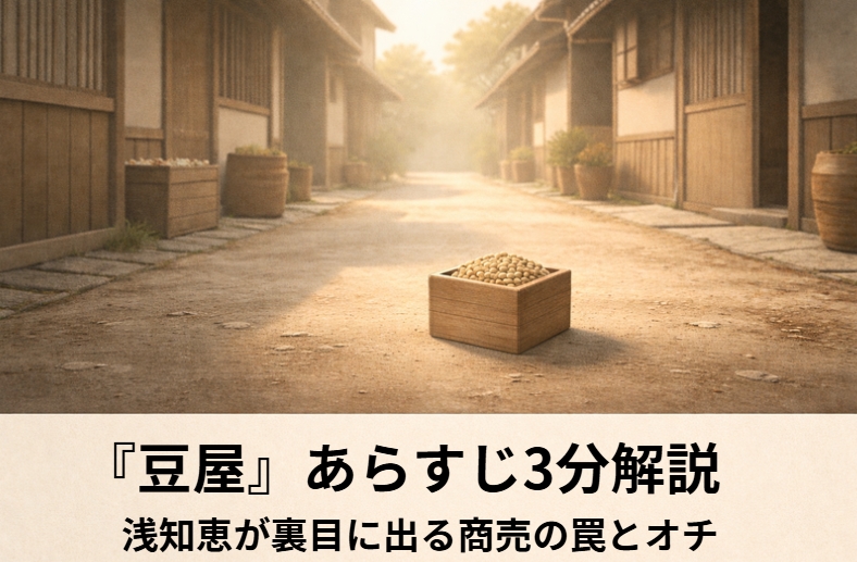 落語『豆屋』のアイキャッチ画像 alt：戸口に呼び込まれた与太郎が豆の枡を抱えて不安そうに立つ『豆屋』の情景
