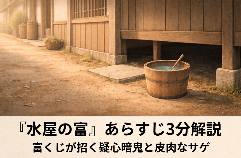 落語『水屋の富』のアイキャッチ画像 alt：長屋で八百両の包みを前に隠し場所を思案する水屋を描いた『水屋の富』の情景