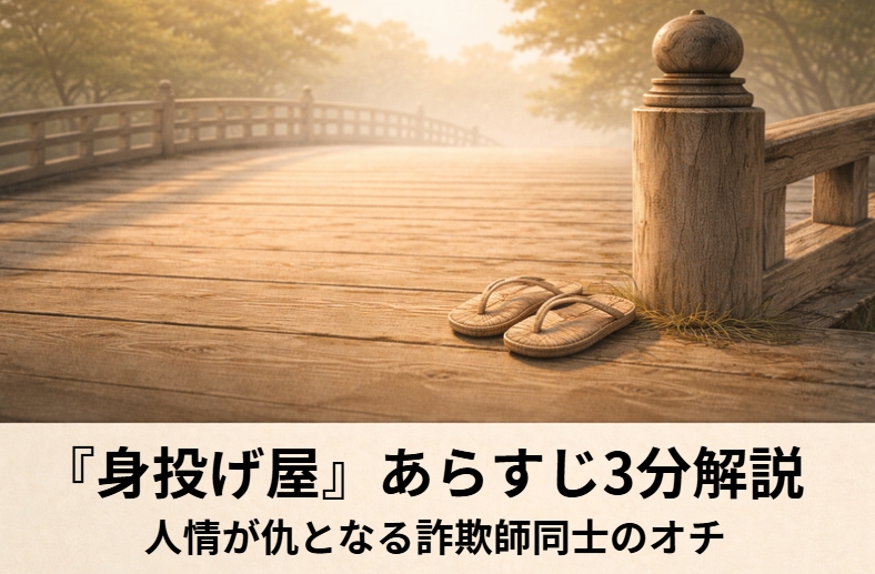 両国橋で身投げのふりをする与太郎と、騙し合いの始まりを描いた落語『身投げ屋』のイメージ