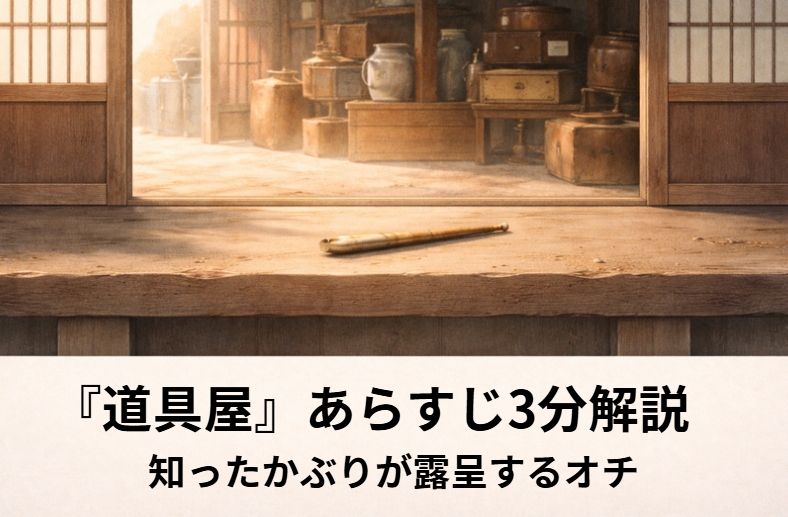 古道具屋の店先で知ったかぶりしながら客に振り回される落語『道具屋』のイメージ画像