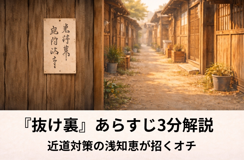落語『抜け裏』の長屋の抜け道で猛犬の張り紙と番人が近道対策を考える場面を表したイメージ