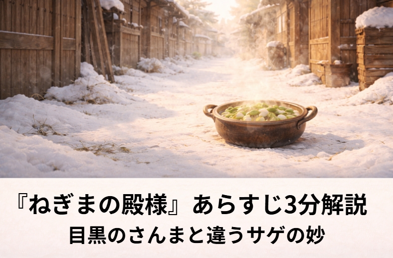 落語『ねぎまの殿様』の雪見帰りの殿様が煮売り屋のねぎま鍋に心を奪われる情景をイメージした一場面