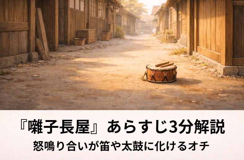 落語『囃子長屋』の囃子好きの長屋で夫婦喧嘩が祭り囃子の調子へ変わる情景をイメージした一場面