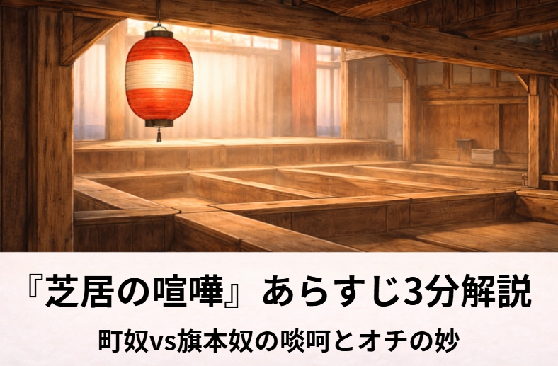 落語『芝居の喧嘩』の芝居小屋で町奴と旗本奴がにらみ合う騒動をイメージした情景