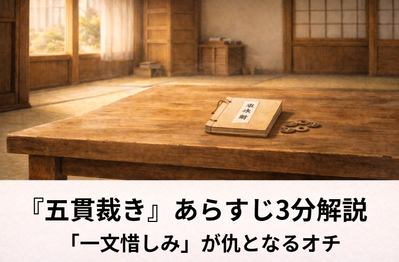 落語『五貫裁き』の一文惜しみと奉行所での逆転裁きをイメージした質屋と小銭の情景