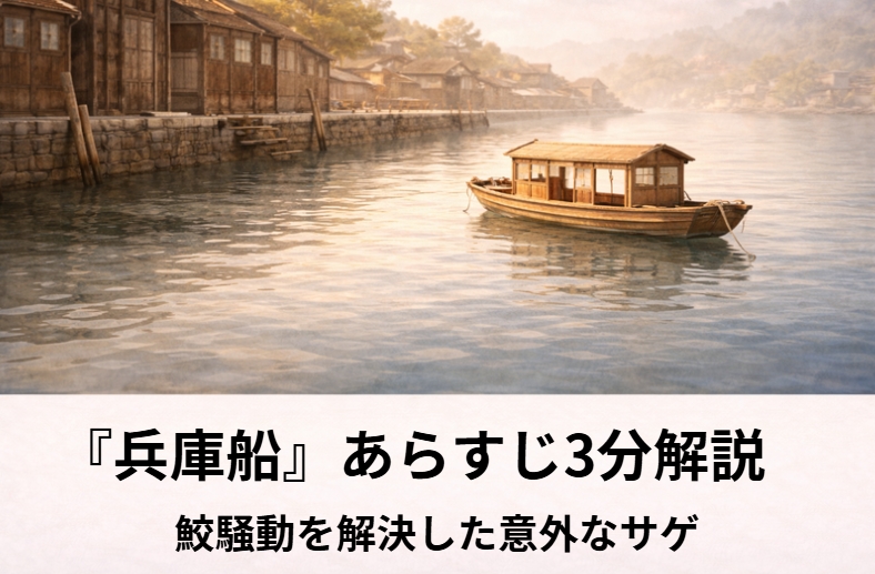 船の噺には、旅の景色そのものより、道中で生まれるおしゃべりの面白さが前へ出るものがあります。落語『兵庫船』はその典型です。兵庫から大坂へ向かう短い船旅のあいだ、乗合客どうしの軽口、なぞかけ、見当違いの受け答えが次々に転がっていく。だから後半で鮫が出ても、怖い海難話にはなりません。のんきな空気を引きずったまま大騒ぎになるところが、この一席の味です。 しかも面白いのは、危機を救うのが豪傑でも武芸者でもないことです。前半ではほとんど目立たなかった居眠り男が、最後にひょいと鮫騒動をひっくり返す。大事件を町場の商売人が片づける。その肩すかしが、『兵庫船』のサゲを軽くて気持ちいいものにしています。 この記事では、落語『兵庫船』のあらすじを3分でわかりやすく整理しつつ、なぜ前半のおしゃべりが大事なのか、鮫騒動がどう笑いに変わるのか、かまぼこ屋のサゲがなぜ効くのかまで解説します。 落語『兵庫船』のあらすじを3分でわかりやすく解説【結末ネタバレあり】 『兵庫船』は、兵庫から大坂へ向かう乗合船で、客たちがお国自慢やなぞかけに興じていたところ、船のまわりに鮫が現れ、最後は居眠りしていた男の正体がサゲになる上方落語です。 ストーリーのタイムライン 【起】兵庫の浜から大坂行きの船へ乗り込む乗合客たちは、短い船旅の暇つぶしに出身地の話や軽口で盛り上がります。旅そのものより、船中の会話がすでに主役です。 【承】お国自慢やなぞかけで船の空気ができるなぞかけや、とんちんかんな受け答えが続き、船の中はのんびりした笑いに包まれます。ここで「この船には少し間の抜けた陽気な連中が乗っている」と聞き手に伝わります。 【転】船のまわりに鮫が現れて急に騒ぎになるふと船が進まなくなり、聞けば鮫が船のまわりを回っているというので、船頭も乗客も急に慌て出します。けれど、その慌て方までどこか大げさでのんきです。 【結】居眠り男が鮫を追い払うが、正体がサゲになる大騒ぎの末、居眠りしていた男が起きて鮫を追い払います。しかもその男が「かまぼこ屋だ」と分かり、最後は町場らしい肩すかしのオチで締まります。 『兵庫船』の登場人物と基本情報 登場人物 乗合客たち：旅の道中を軽口でつなぐ面々。陽気さが噺の前半を支える。 船頭：鮫が出た途端にうろたえる側。騒ぎを大きくする役でもある。 居眠りしていた男：後半で急に存在感を持つ人物。サゲの中心。 基本情報 分類：上方落語の船もの・滑稽噺 舞台：兵庫から大坂へ向かう乗合船 関連演目：江戸では『桑名船』、後半違いに『鮫講釈』がある 見どころ：前半の船中の遊びと、後半の鮫騒ぎの切り替え 30秒まとめ 『兵庫船』は、前半では旅の客たちのにぎやかなおしゃべりを聞かせ、後半で鮫騒ぎへひっくり返す噺です。怖い海難話ではなく、危ない場面でもどこかのんきな人間たちの調子が崩れないところに笑いがあります。 なぜ『兵庫船』は面白い？鮫より先に“船の空気”を作っているから この噺が刺さるのは、鮫が出る後半だけで勝負していないからです。前半では、客たちが旅先の景色より自分たちの会話で時間を埋めています。お国自慢やなぞかけは、本筋に見えて実は下ごしらえで、ここで「この船は少しのんきな連中の集まりだ」と聞き手へ印象づけているわけです。 だから鮫が出たとたん、急に深刻になるのではなく、そののんきさを引きずったまま騒ぎになります。船頭の理屈もどこかおかしく、乗客の反応も妙に大げさで、危機より先に人間の間の抜け方が見えてしまう。ここが『兵庫船』の大きな魅力です。 背景補足｜『兵庫船』はなぜ船旅の雑談から始まるのか 兵庫から大坂への船旅は、壮大な航海ではなく、むしろ乗り合わせた者同士の暇つぶしや軽口が似合う距離感です。だからこの噺は、事件を先に置かず、まず船の上のおしゃべりをたっぷり聞かせます。上方落語らしいのは、この「本筋に入る前のにぎやかさ」自体がすでに楽しみになっていることです。 また、『兵庫船』は江戸の『桑名船』や、鮫が出る後半違いの『鮫講釈』と並べて語られることがありますが、こちらはとくに前半の船中のリズムが後半の騒ぎを支えている型です。だから鮫騒動だけ切り取るより、前半から通して聞くほうが面白さがよく出ます。 サゲ（オチ）の意味をわかりやすく解説｜なぜ「かまぼこ屋」で落ちるのか 『兵庫船』のサゲは、鮫を追い払った男が「かまぼこ屋だ」と名乗るところにあります。ここで初めて、聞き手は「鮫の天敵みたいな商売人が船に乗っていたのか」と笑わされます。かまぼこは鮫の身を材料にすることがあるので、鮫から見れば恐い相手だ、という理屈です。 このオチのいいところは、前半までほとんど英雄らしく見えなかった男が、最後だけ妙に頼もしく見えることです。立派な豪傑ではなく、ただの商売人が鮫騒ぎの決め手になる。その肩すかしが上手い。つまり『兵庫船』のサゲは、海の大騒ぎを最後に町場の発想へ縮めて落とすオチです。 初心者向けFAQ｜『兵庫船』の疑問をまとめて整理 『兵庫船』はどんな話ですか？ 兵庫から大坂へ向かう乗合船で、前半はおしゃべり、後半は鮫騒ぎへ転がる上方落語です。 『兵庫船』の面白さはどこですか？ 鮫の怖さそのものより、船中ののんきな空気が崩れないまま大騒ぎになるところです。 なぜ前半の雑談が長いのですか？ あの雑談があることで、「この船には少し間の抜けた陽気な連中が乗っている」と伝わり、後半の騒ぎがより笑いに変わります。 「かまぼこ屋」で落ちる意味は何ですか？ 鮫の身を材料にする商売人だから、鮫にとっては恐い相手だ、という発想です。大事件を町場の商売の理屈へ引き戻す肩すかしのオチになっています。 初心者でも聴きやすいですか？ 聴きやすいです。前半と後半の切り替えがはっきりしていて、サゲもわかりやすいので、船もの落語の入口として入りやすい一席です。 ここまで読んで「一席聴いてみたい」と思った人もいるはずです。『兵庫船』は、流れを知ってから聴くと、前半の何気ない軽口が後半の鮫騒ぎにどう効いてくるかがよく見えてきます。のんびりした船の空気が、最後まで勝ってしまう感じも味わいやすくなります。 [affi id=2] まとめ｜『兵庫船』は“鮫の噺”より“船の上ののんきさが勝つ噺”として効く あらすじ：兵庫から大坂へ向かう船中の軽口が、後半で鮫騒ぎへ変わる。 面白さの芯：前半のにぎやかな船の空気を、そのまま後半の混乱へ持ち込むところにある。 サゲ：「かまぼこ屋」が鮫の天敵になる発想で、危機を町人の商売へ引き戻して落とす。 『兵庫船』の魅力は、海の上の騒動を深刻にしないところです。鮫が出ても、乗客も船頭もどこか少し間が抜けている。だから恐怖より、のんきな人間たちの調子のよさが前へ出る。最後に勝つのも英雄ではなく、町場の商売人です。大きな出来事を小さな肩すかしへ縮める、その軽さがこの一席の後味をきれいにしています。 前半のおしゃべりが後半の騒ぎに効く噺や、危機を町人の発想でひっくり返す噺が好きなら、次の記事も相性がいいはずです。旅や船、にぎやかな会話がどうオチへつながるか、並べて読むと違いが見えやすくなります。 関連記事 https://3min-nippon.blog/yumekin/ https://3min-nippon.blog/ningyogai/ https://3min-nippon.blog/nukeura/ https://3min-nippon.blog/gokansabaki/ https://3min-nippon.blog/shinagawashinju/ [sp_easyaccordion id="89"]
