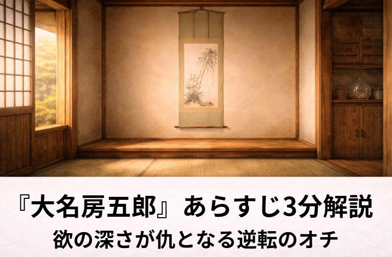 落語『大名房五郎』の掛け軸の細工と逆転のオチをイメージした質屋の座敷の情景