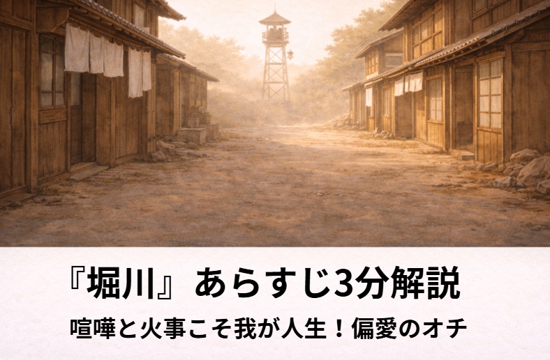 落語『堀川』の火事好きの息子と長屋の騒ぎをイメージした昼の長屋の情景