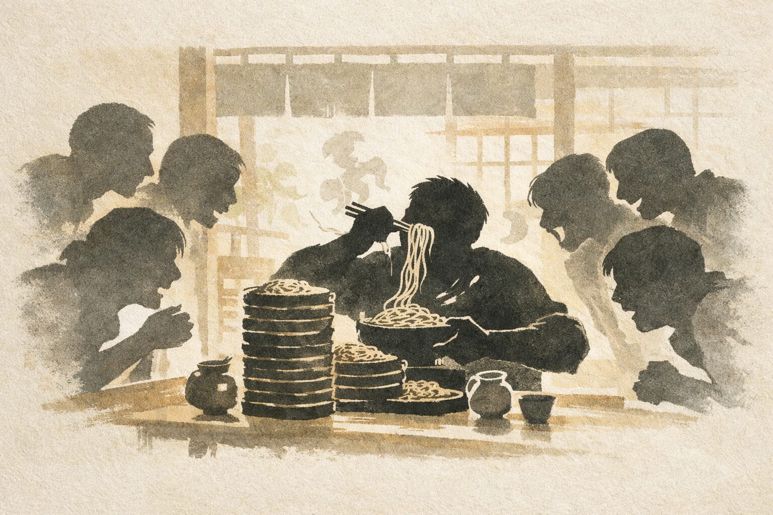 昼のそば屋で大食い自慢の男が次々ともりそばを平らげ見物人が身を乗り出す一場面