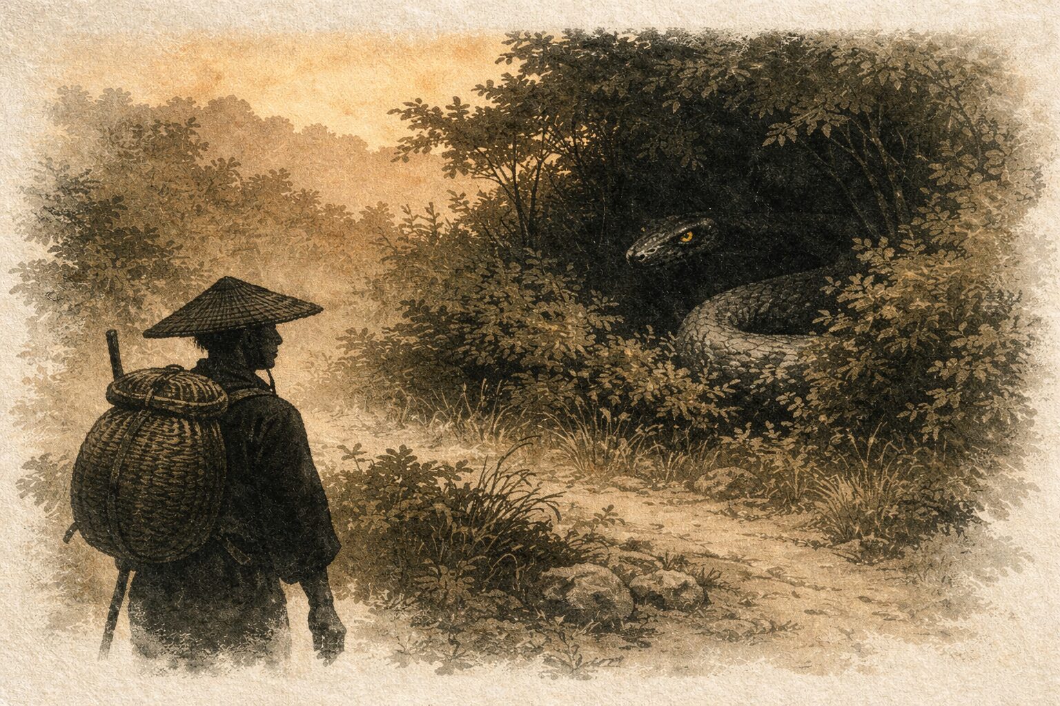 夕方の旅の山道で男が茂みの向こうの大蛇を遠くから見つめる不穏な一場面