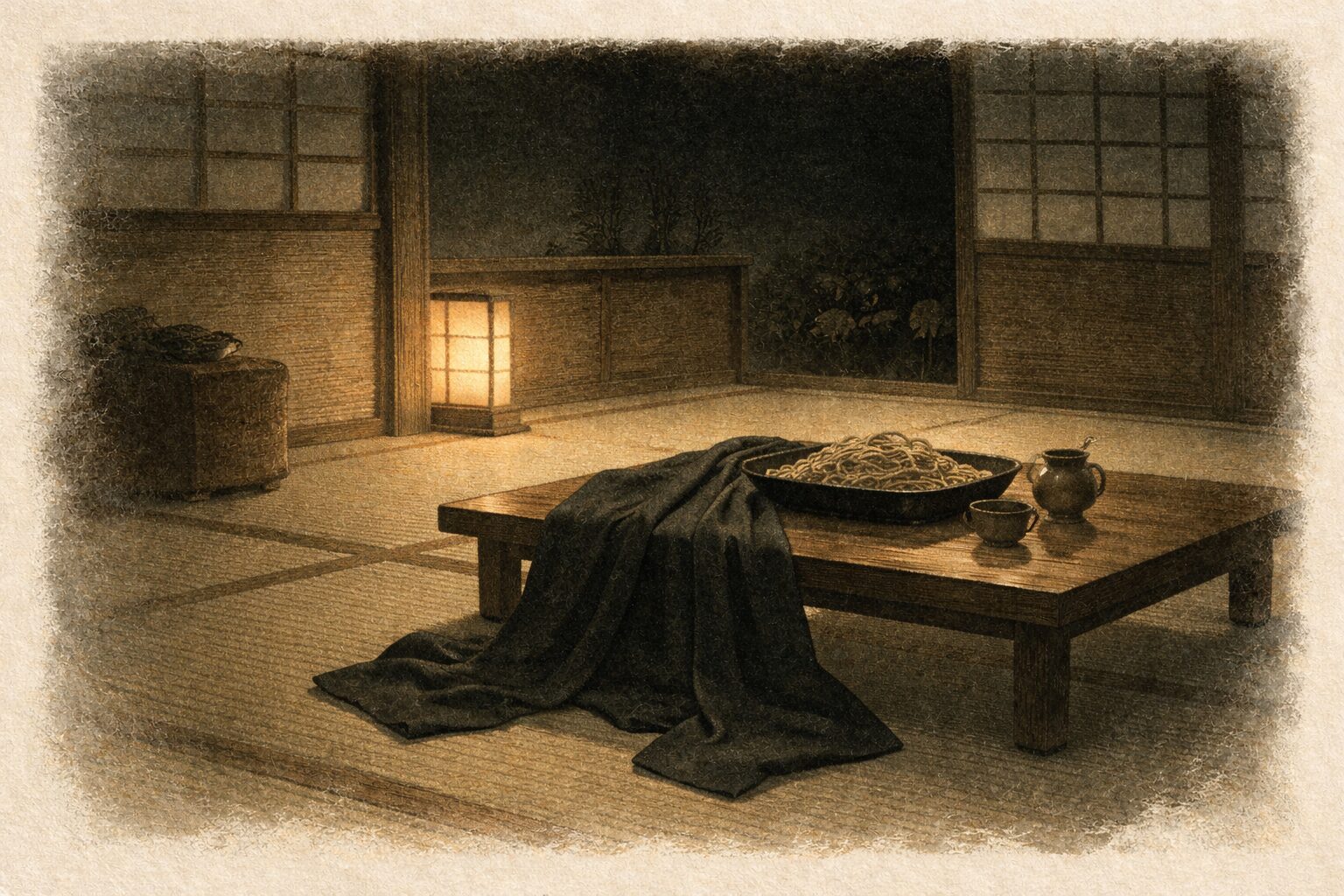 夜の座敷に羽織だけをまとったそばがぽつんと残る静かで奇妙な一場面