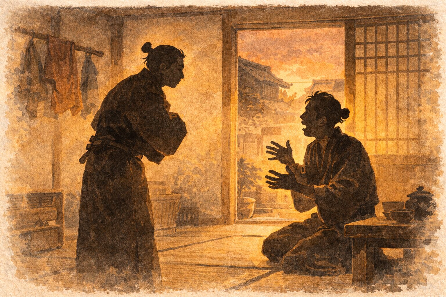 夕方の長屋の部屋で大家が主人をにらみ主人がしどろもどろに言い訳する一場面