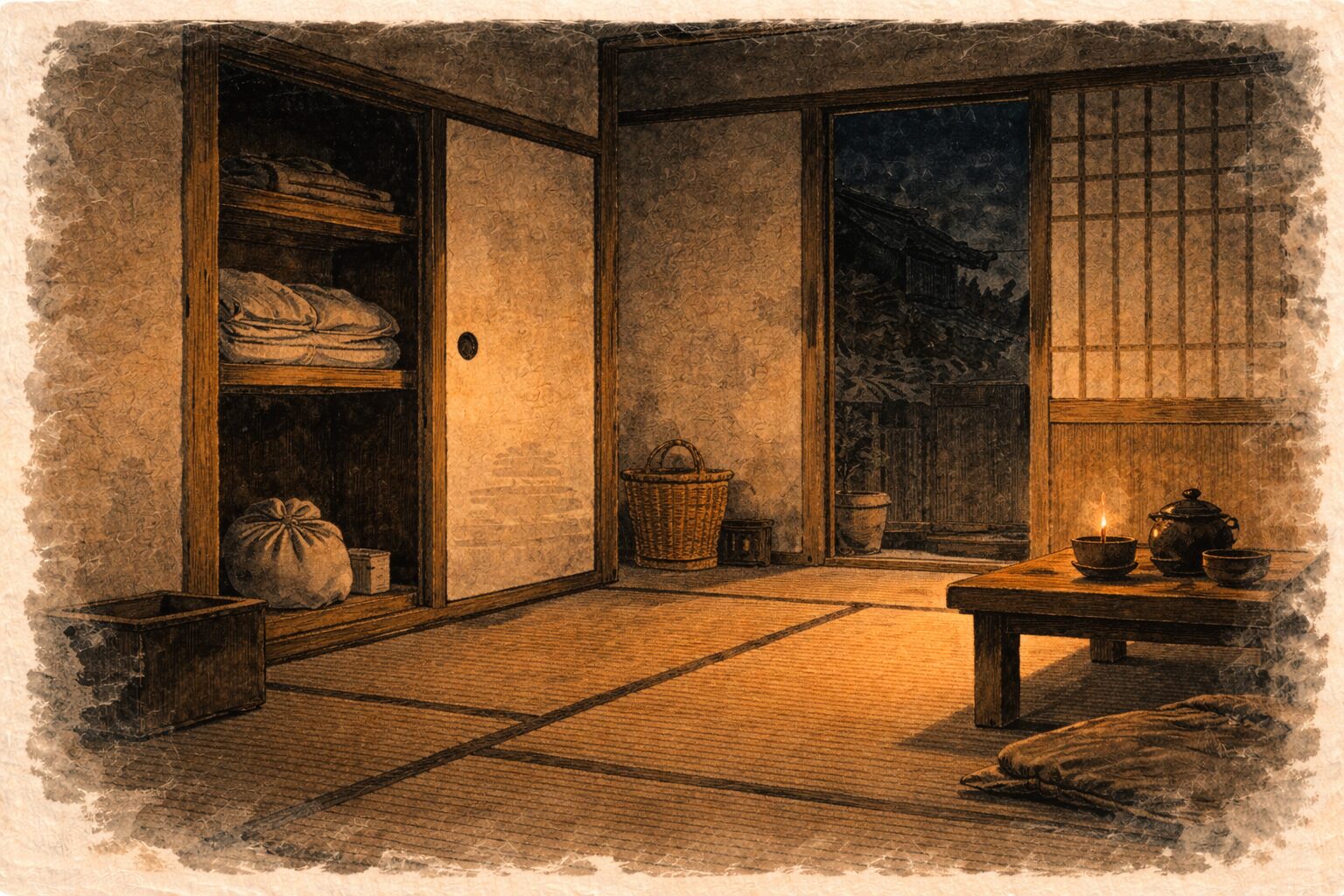 夜の薄暗い部屋に開いた押し入れと散らない家財だけが残る脱力感のある一場面