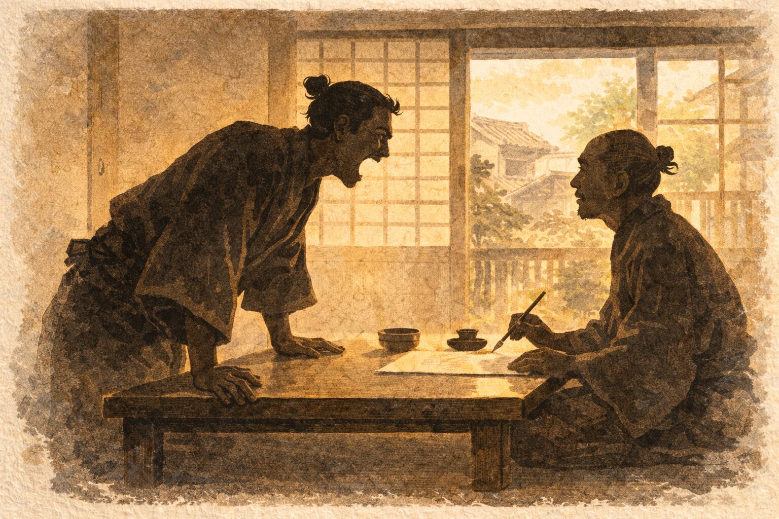 昼の町家で怒り顔の男が隠居へ身を乗り出して離縁状を書いてくれと詰め寄る一場面