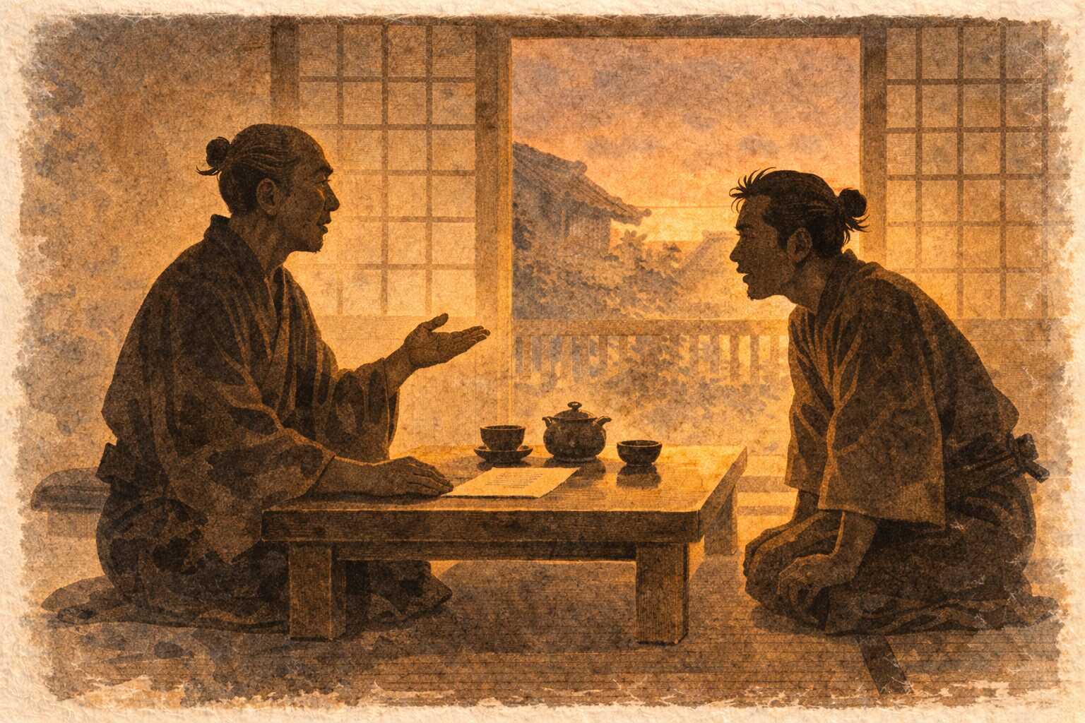 夕方の座敷で心学の先生が座って堪忍の教えを説き八五郎が身を乗り出して聞き入る一場面