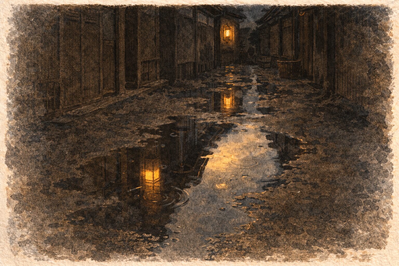 夜の長屋の路地に雨上がりの水たまりだけが残り言葉のすれ違いのあとを思わせる静かな一場面