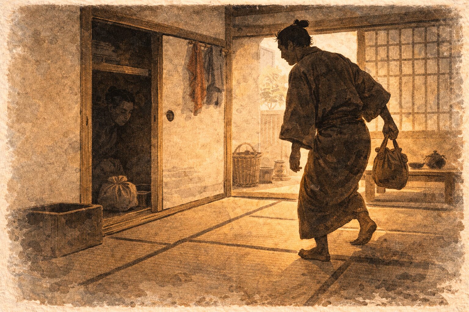 昼の貧しい長屋で帰宅した男が押し入れの気配に気づきながら何食わぬ顔で部屋に上がる一場面