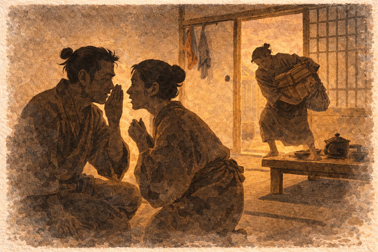 夕方の長屋の部屋で夫婦が小声で芝居を打ちながら奥で泥棒が荷物を抱え始める一場面