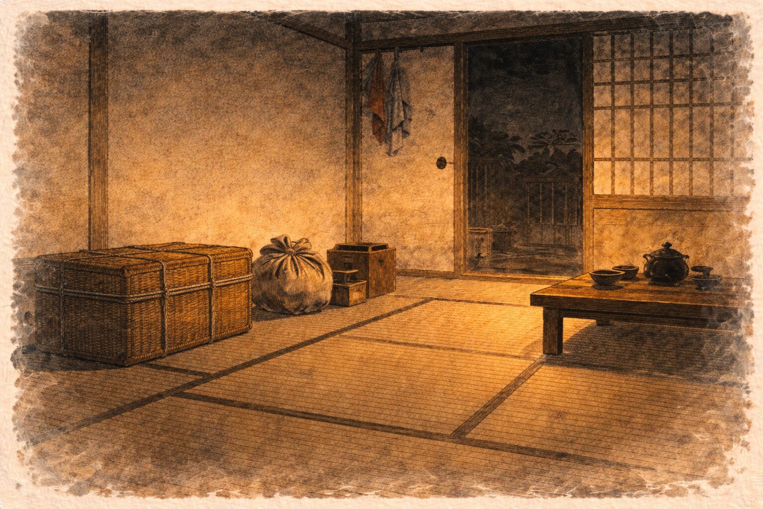 夜の長屋の空き部屋に運び込まれた少ない家財だけが並び泥棒がだまされた気配だけが残る一場面