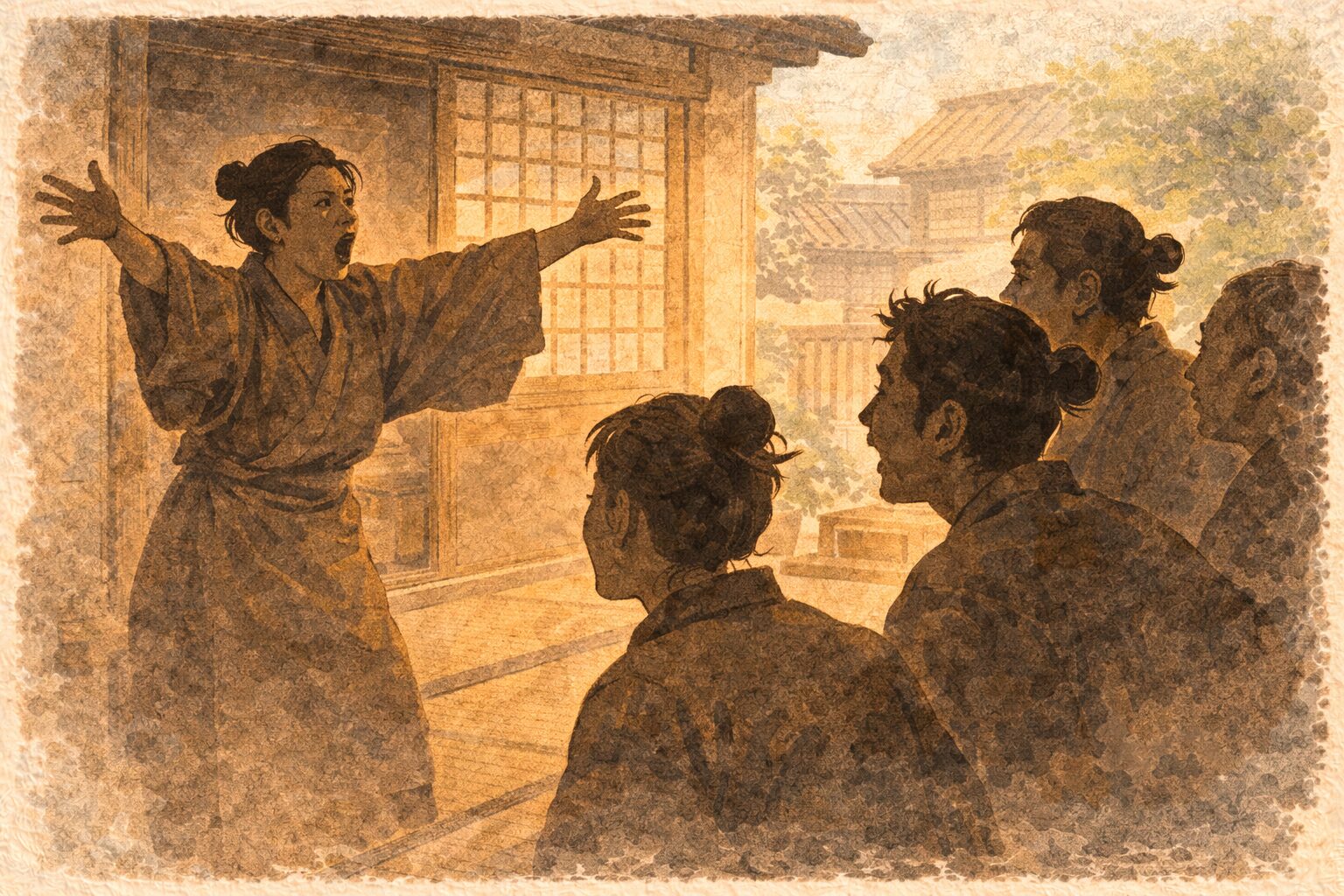 昼の町家でおかみさんが見物人に向かって大きな関取のことを身振り手振りで大げさに語る一場面