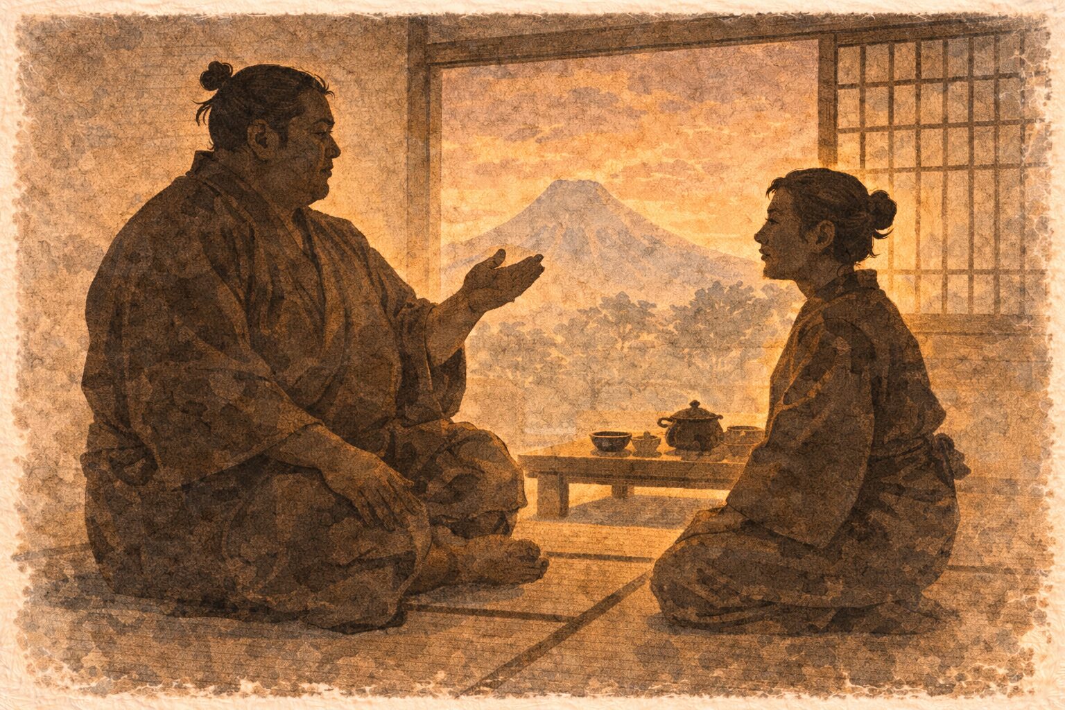 夕方の座敷で関取が妻に向かって富士山を例に卑下して言う粋を教える一場面