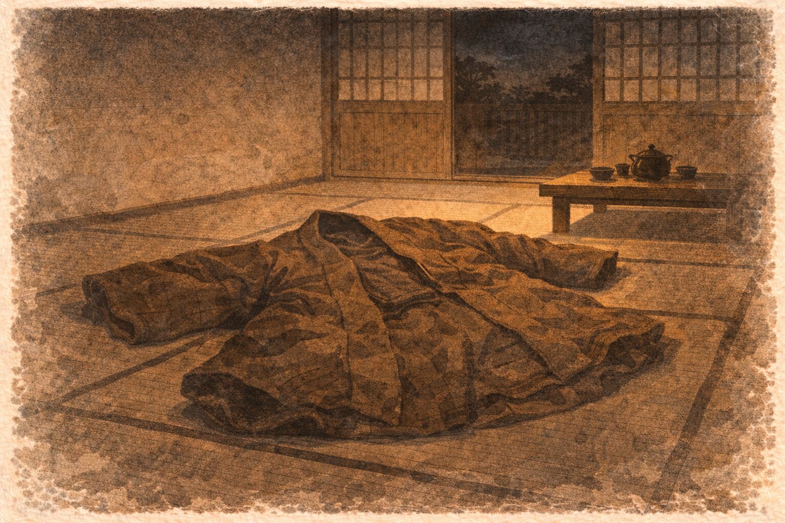 夜の座敷に大きなどてらだけが広がって残り関取の気配と脱力感が漂う一場面