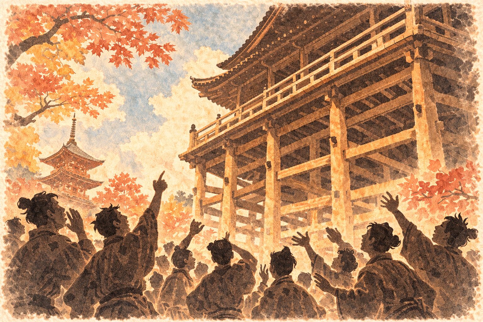 昼の清水寺の舞台下に大勢の若い男たちが集まり上を見上げて騒ぐ一場面