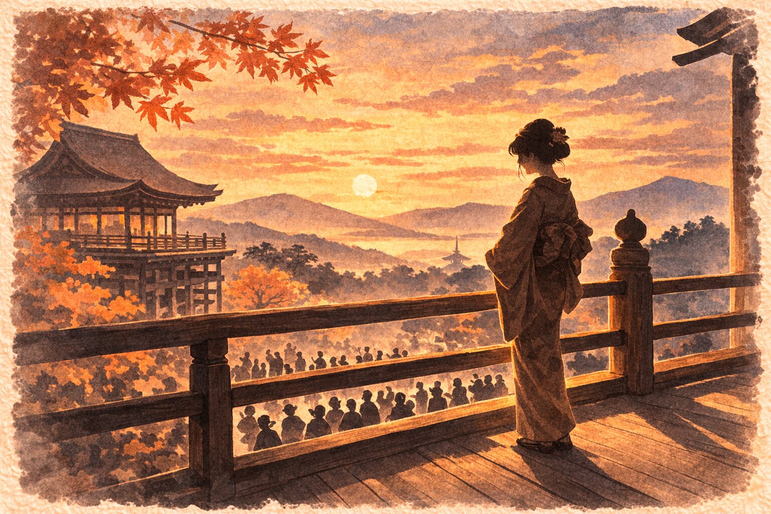 夕方の舞台の欄干近くで若い娘が下を見渡し集まった男たちを静かに見比べる一場面