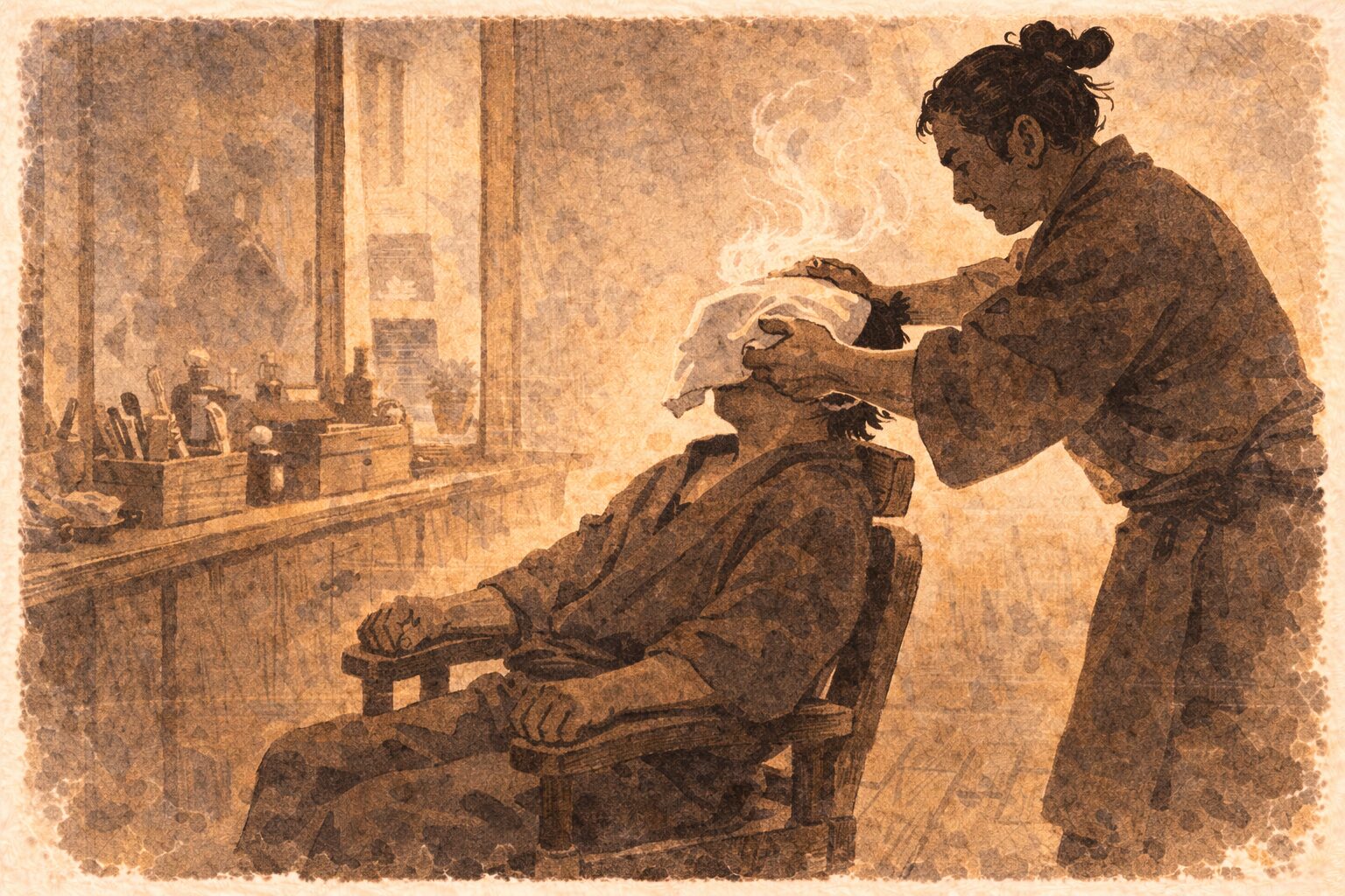 昼の古びた床屋で客が不安そうに座り親方が熱い手拭いを無造作に顔へのせる一場面