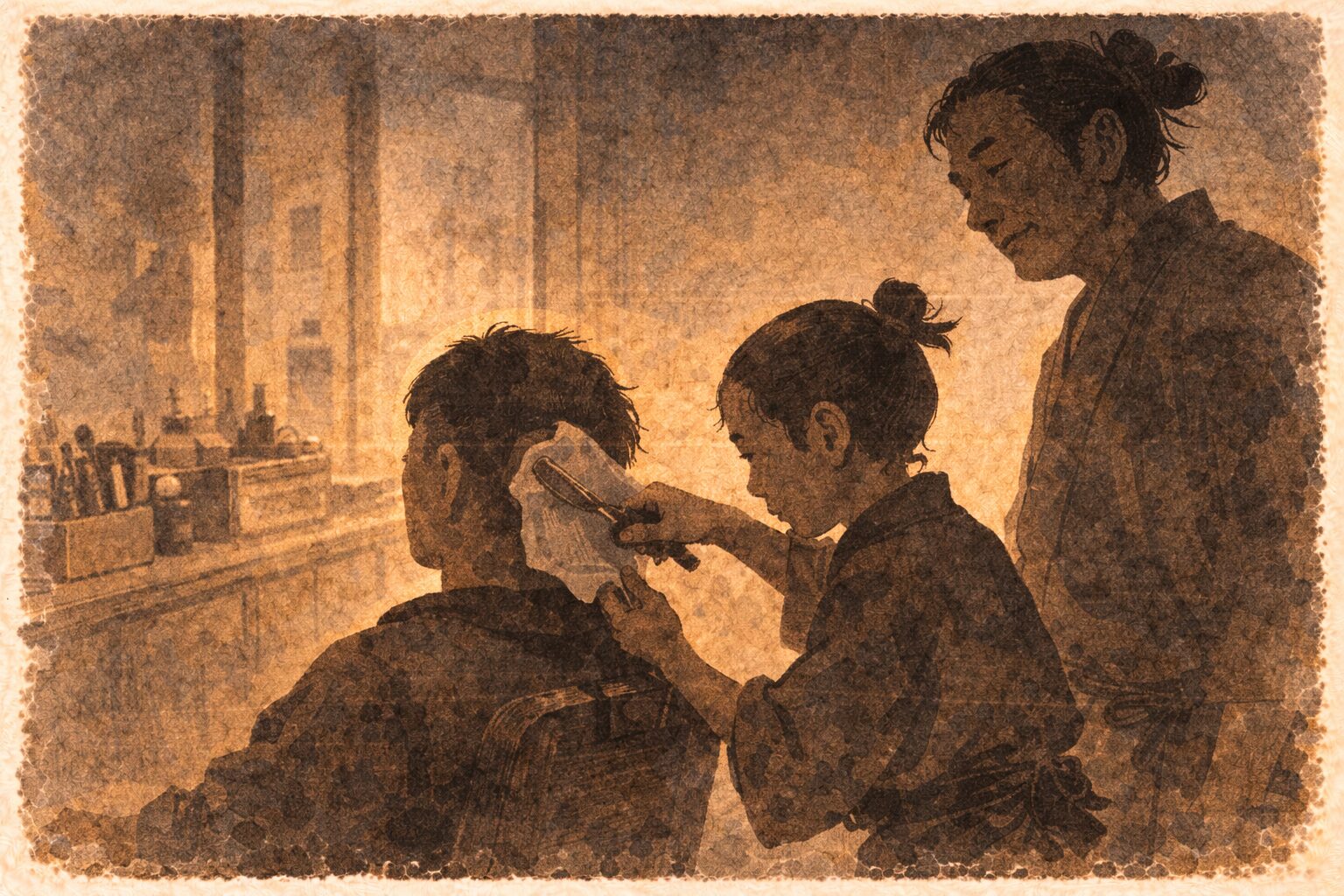 夕方の薄暗い床屋で小僧が剃刀を持って客の頭をおそるおそる当て親方が横から見ている一場面