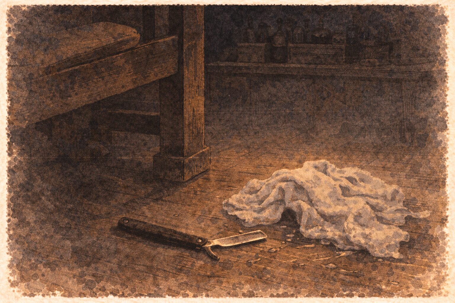 夜の床屋の椅子のそばに古い剃刀と濡れた手拭いだけが残る不穏な一場面