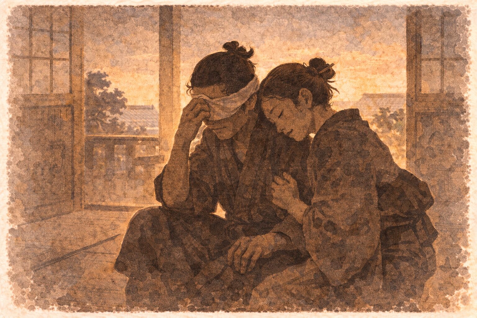 夕方の離れ座敷で目を押さえた男に遊女がそっと寄り添い本心を見せる一場面