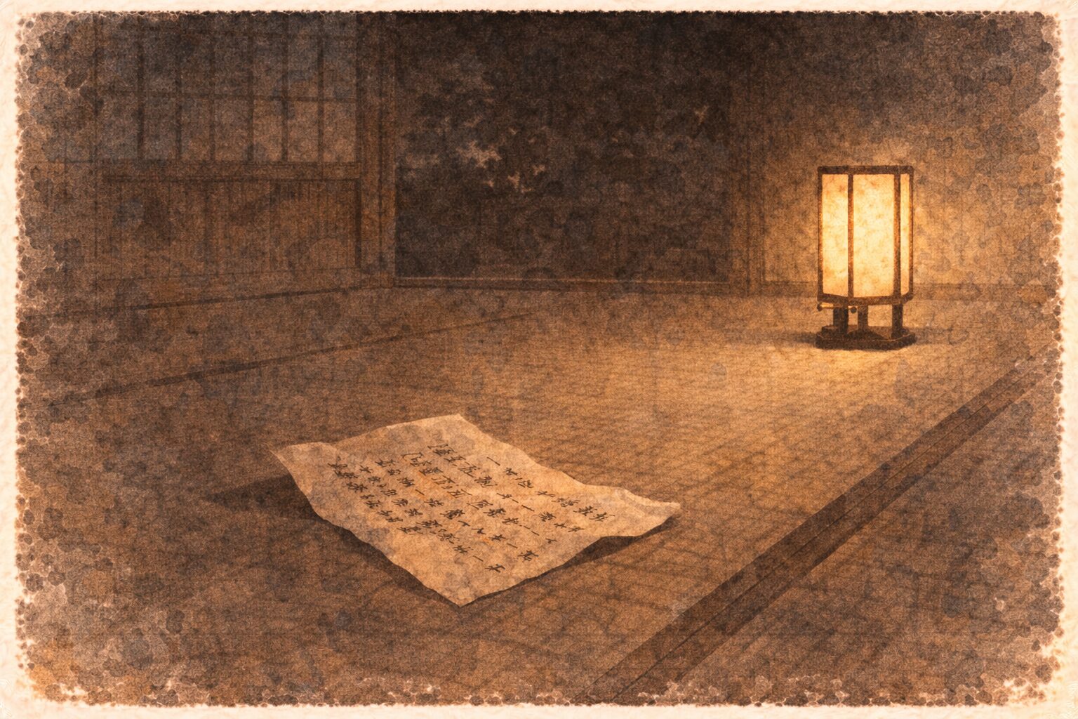 夜の座敷に読み違えられた手紙だけが残り灯りの下で余韻が漂う一場面