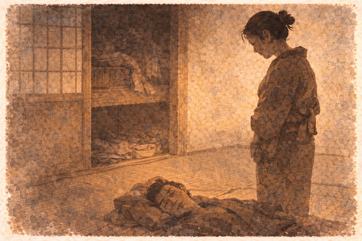 昼の長屋で女房が押し入れの前で困り果て眠り込んだ亭主を見下ろす一場面