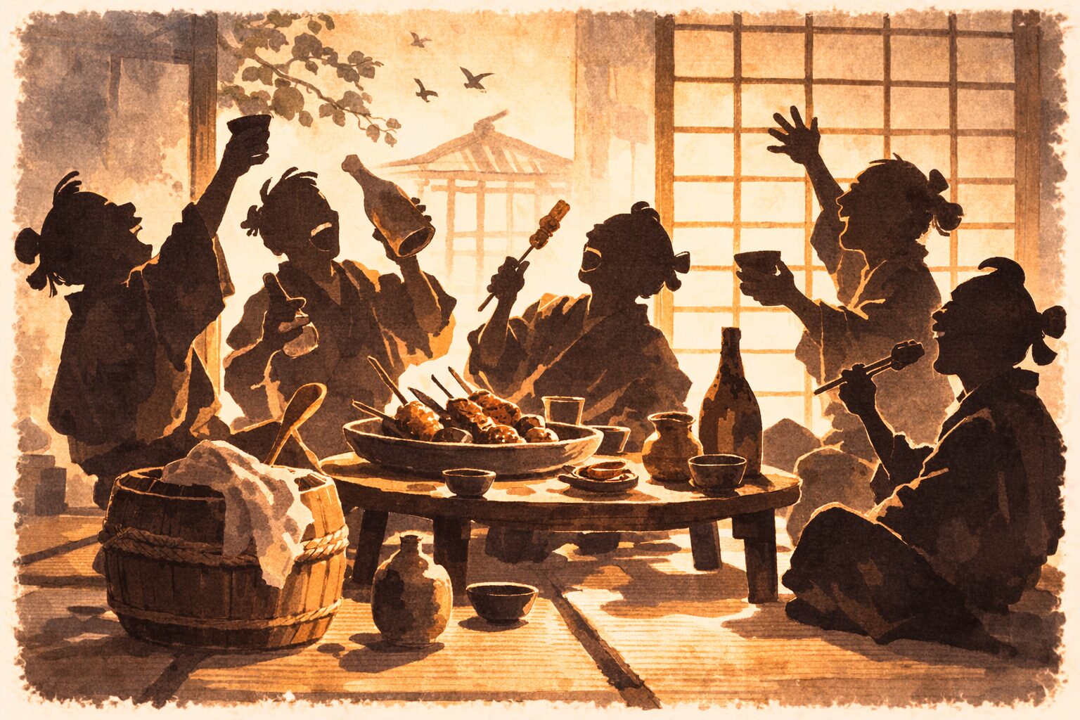 昼の味噌問屋の座敷で奉公人たちが酒と田楽を囲み留守中の宴会に沸く一場面