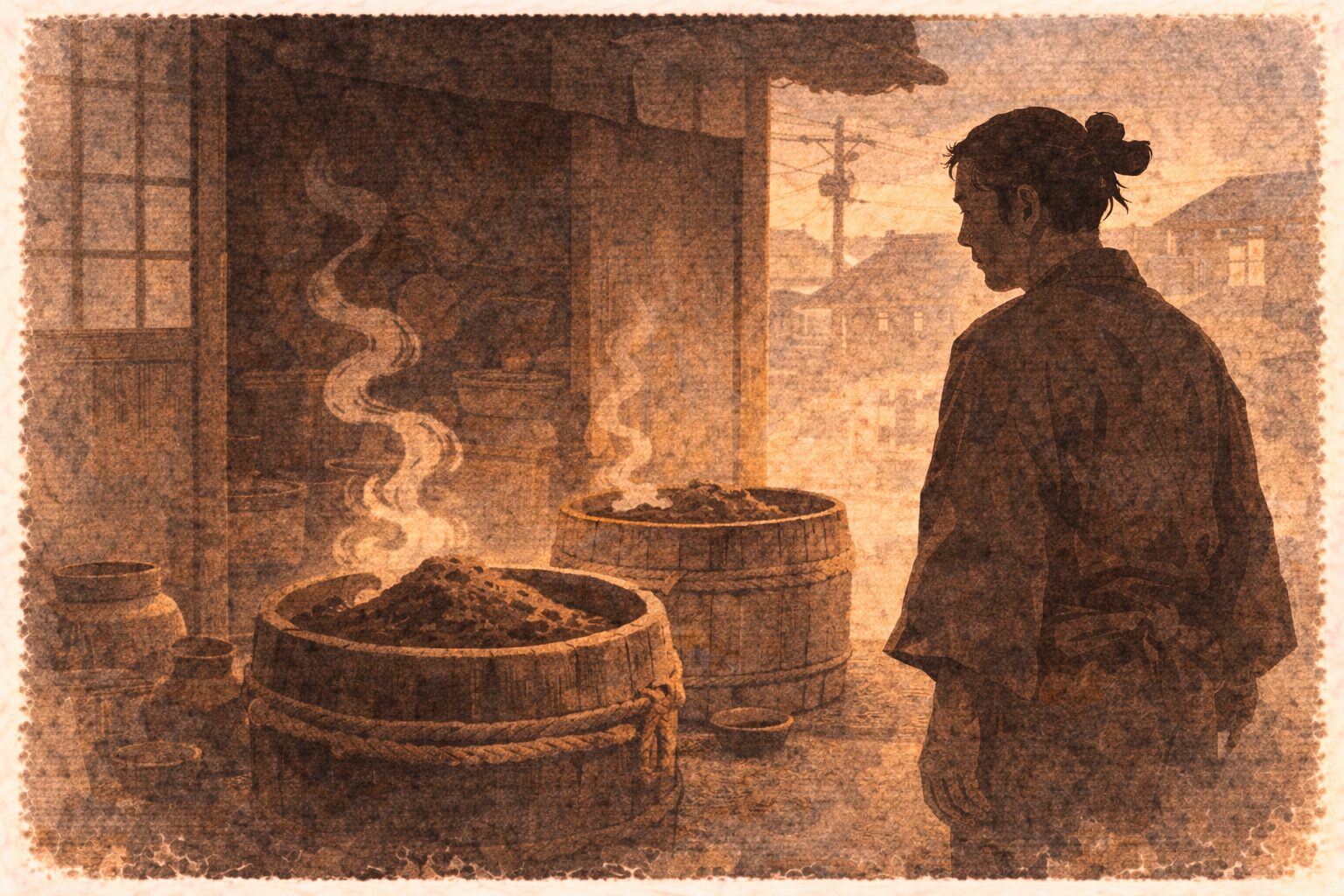 夕方の店先で帰ってきた主人が味噌の匂いに気づき不安そうに足を止める一場面