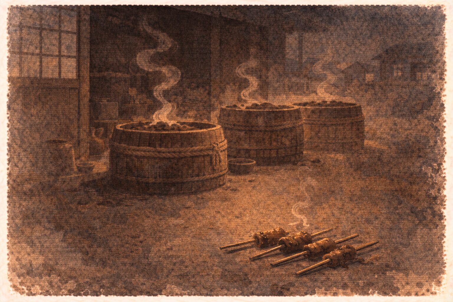 夜の味噌蔵の前に田楽の串と味噌の香りの気配だけが残る一場面