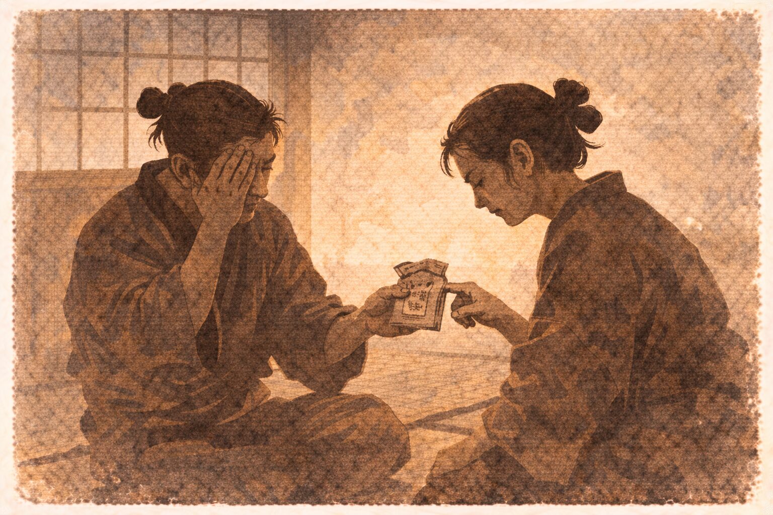 昼の長屋で目を押さえた男が女房に薬袋を差し出し使い方を一緒に考える一場面