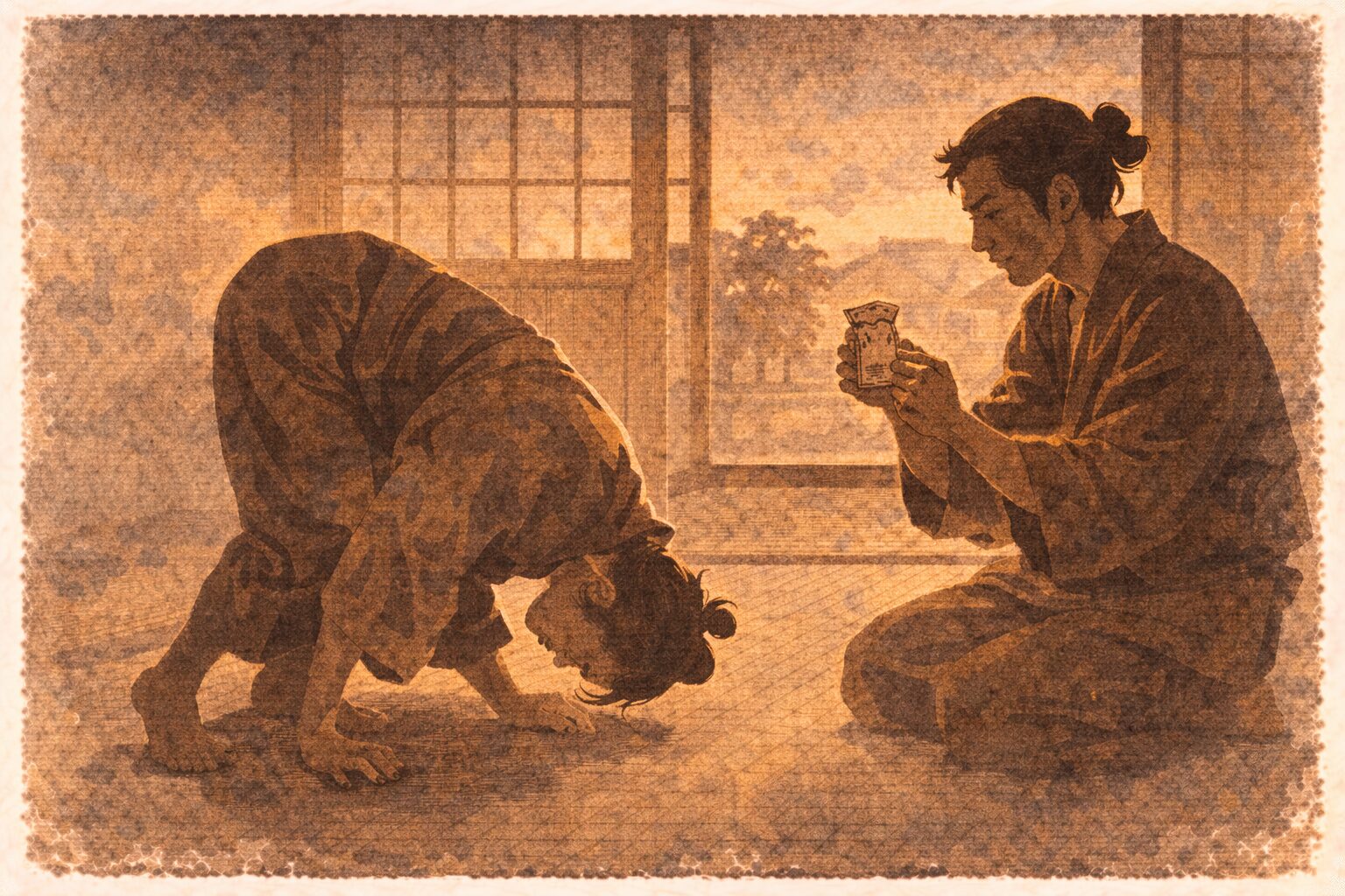 夕方の座敷で女房が夫の言う通り無理な体勢を取り夫が真剣な顔で薬を構える一場面