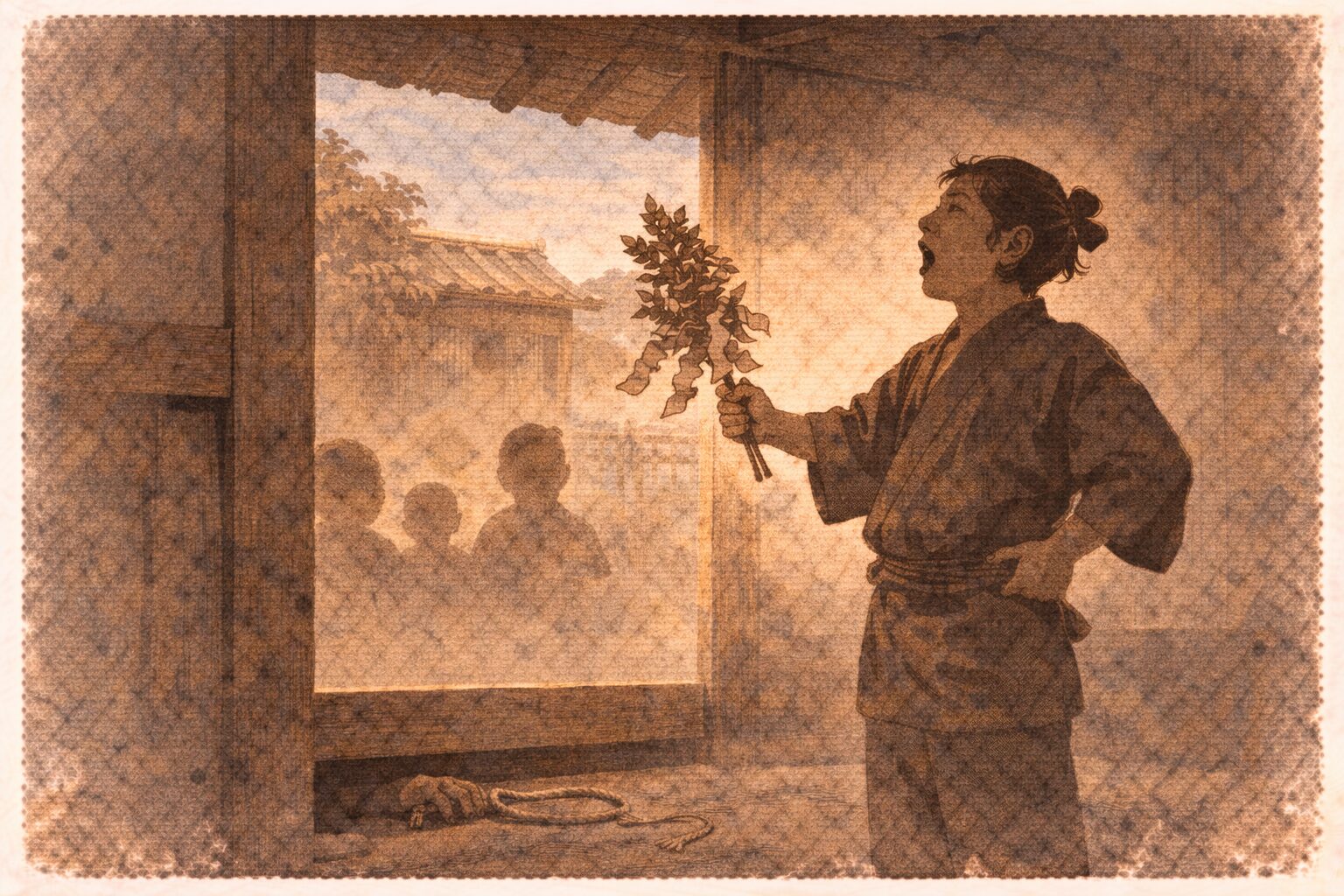 昼の町家の門口で与太郎が年始の厄払いの口上を覚えたての調子で張り上げる一場面