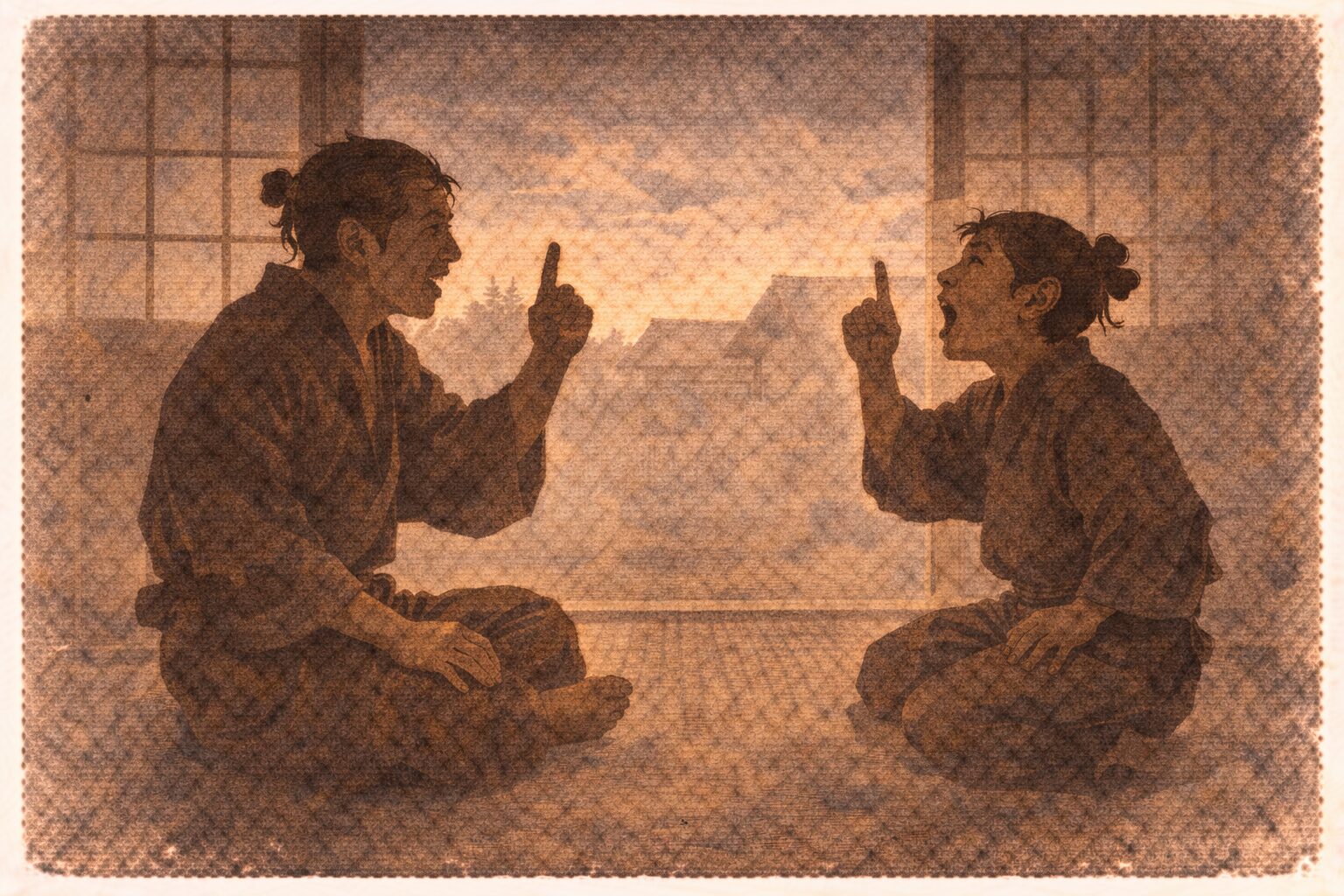 夕方の座敷で先輩格の男が与太郎へ縁起口上を教え与太郎が必死にまねする一場面