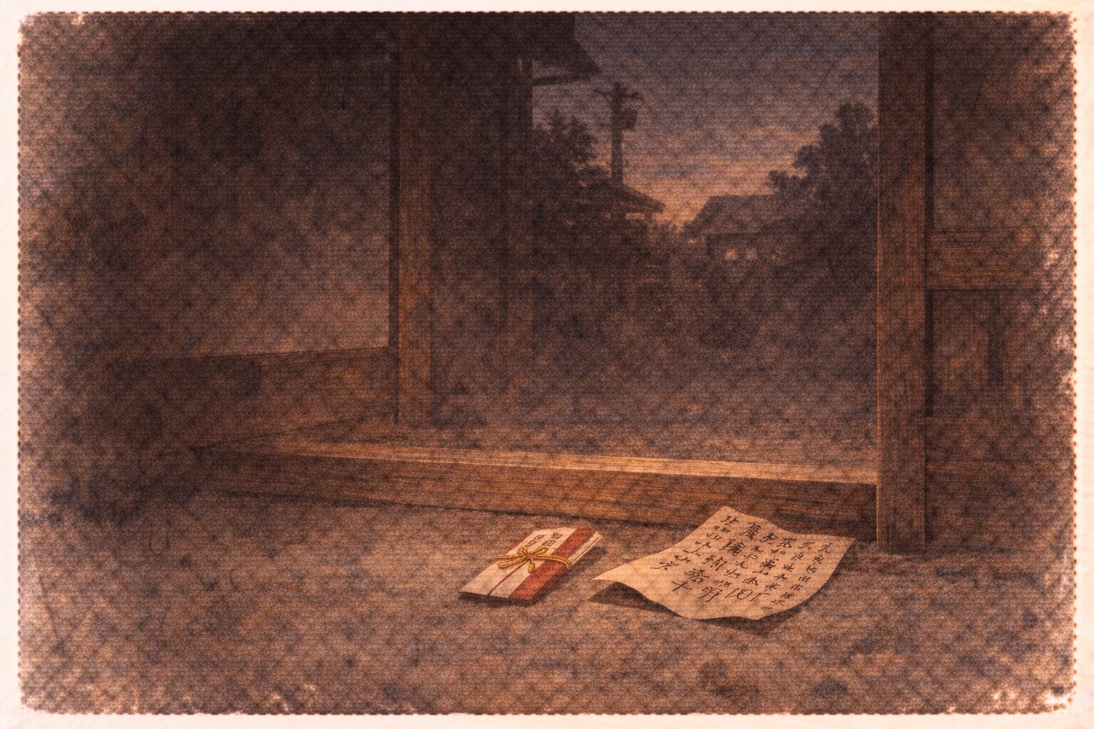 夜の門口に祝儀袋と読みかけの口上紙だけが残り与太郎の逃げた気配が漂う一場面